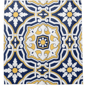 Moroccan vivid blue yellow intricate geometric shower curtain