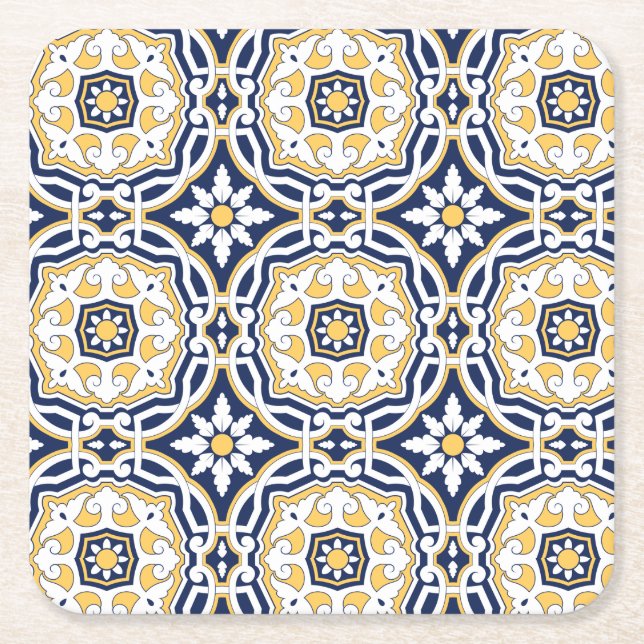 Moroccan vivid blue yellow intricate ornamental square paper coaster (Front)