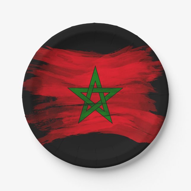 Morocco flag brush stroke, national flag paper plate (Front)