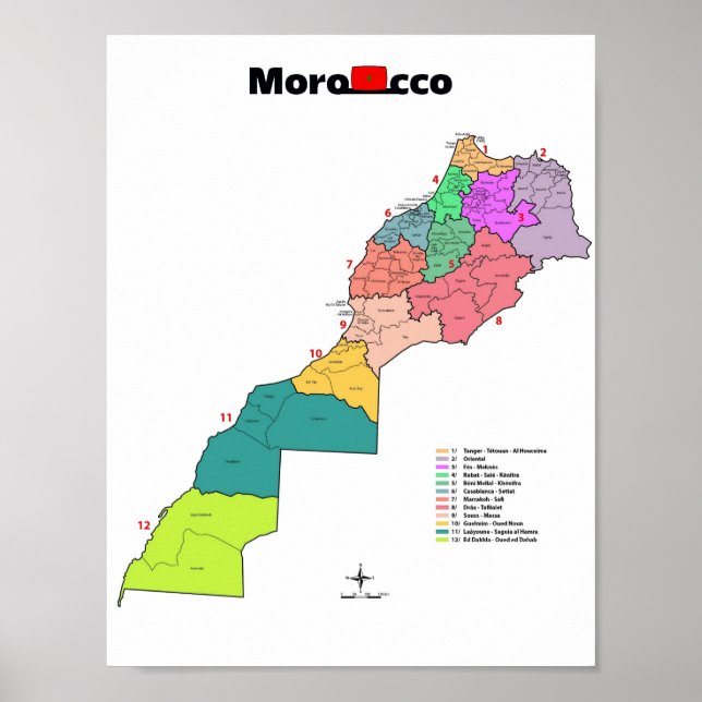 Morocco Flag Map with state boundary outlines. Poster (Front)