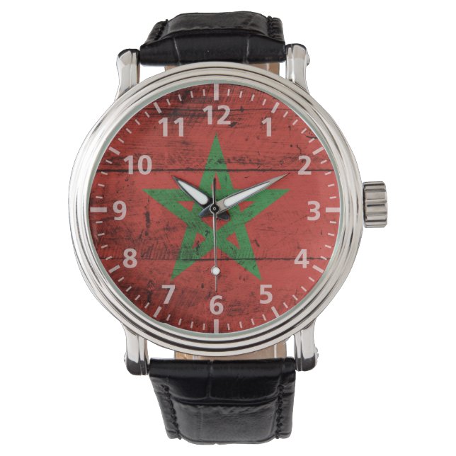 Morocco Flag on Old Wood Grain Watch (Front)