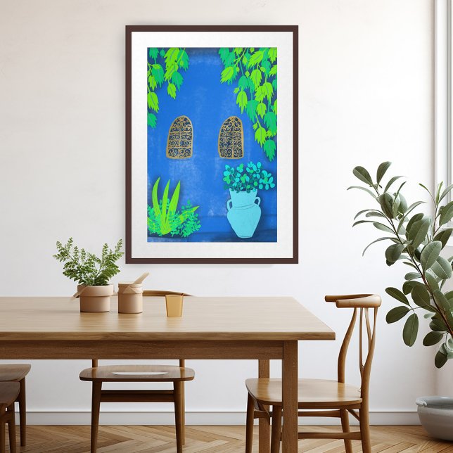 Morocco Garden Blue Walls Plants Art Poster (Morocco Garden Blue Walls Plants Art Poster Majorelle Jardin Watercolor)
