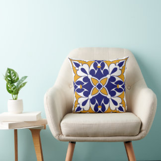 Morocco Square Tile Yellow Blue Bohemian Pattern Cushion