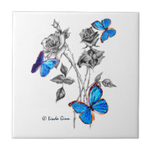 Morph Butterflies on Black and White Roses Tiles