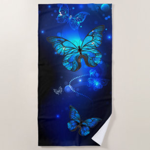 Morpho Butterfly in the Dark Background Beach Towel