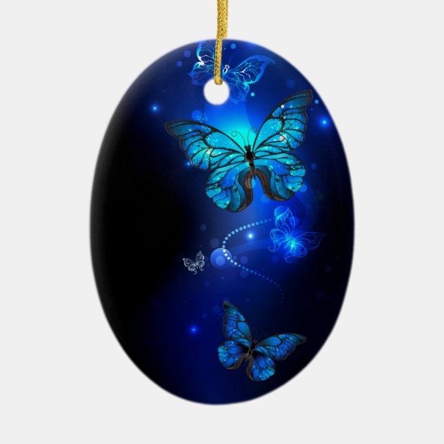 Morpho Butterfly in the Dark Background Ceramic Ornament (Front)