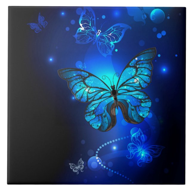 Morpho Butterfly in the Dark Background Ceramic Tile (Front)