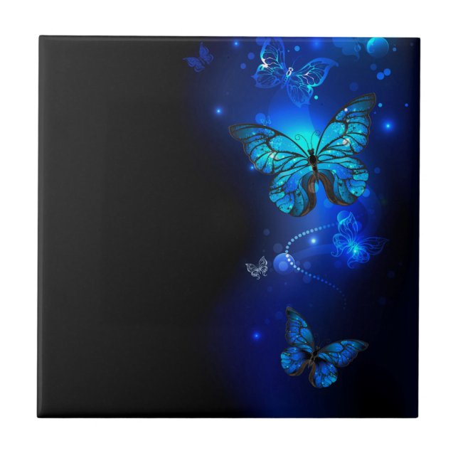 Morpho Butterfly in the Dark Background Ceramic Tile (Front)