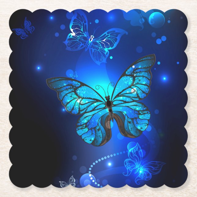 Morpho Butterfly in the Dark Background Paper Coaster (Front)