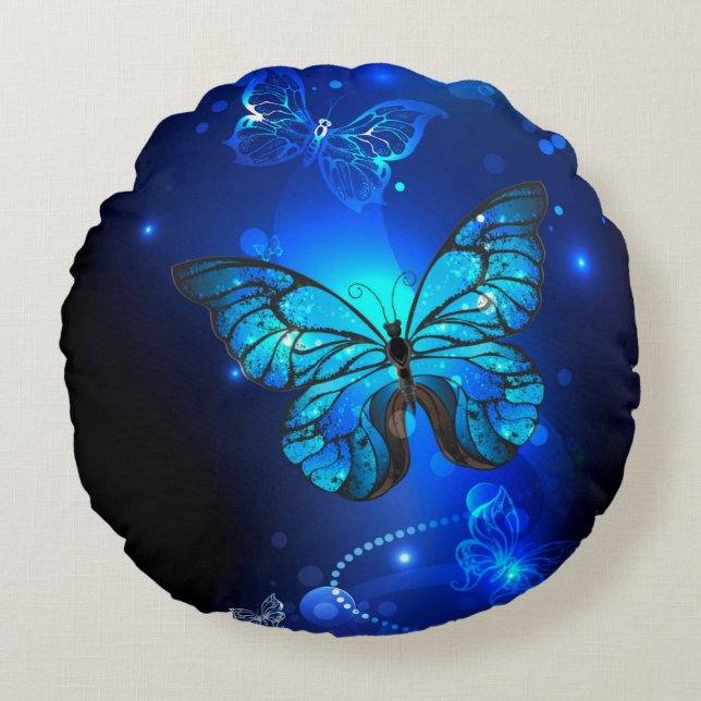 Morpho Butterfly in the Dark Background Round Cushion (Front)