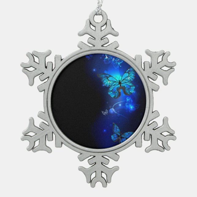 Morpho Butterfly in the Dark Background Snowflake Pewter Christmas Ornament (Front)