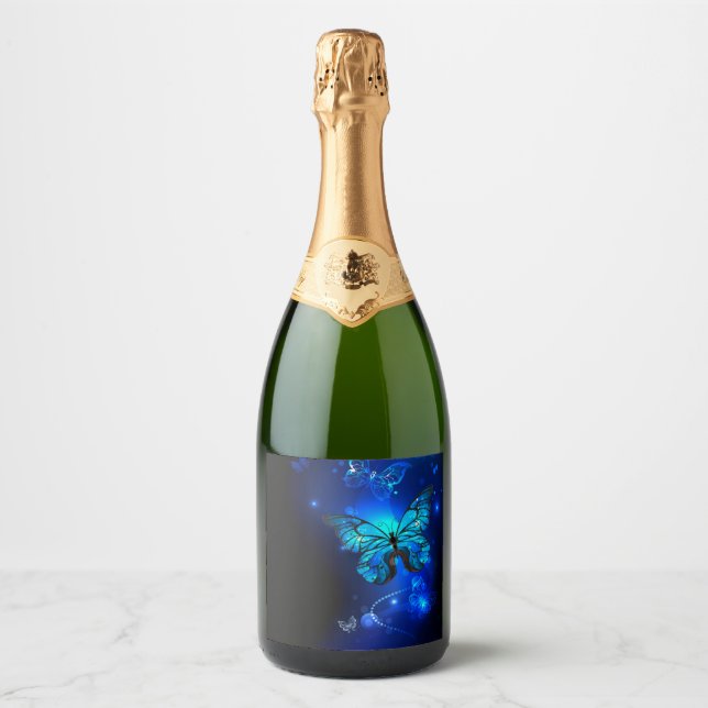 Morpho Butterfly in the Dark Background Sparkling Wine Label (Front)