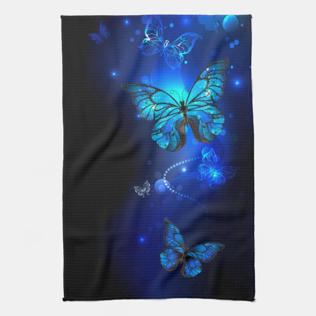 Morpho Butterfly in the Dark Background Tea Towel (Vertical)