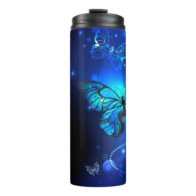 Morpho Butterfly in the Dark Background Thermal Tumbler (Front)