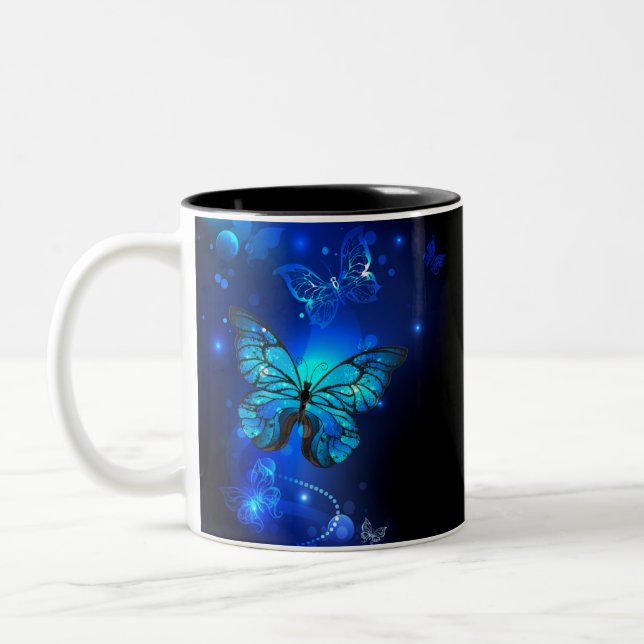 Morpho Butterfly in the Dark Background Two-Tone Coffee Mug (Left)