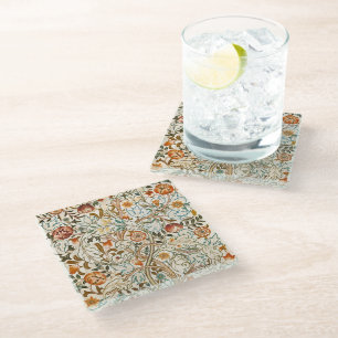Morris Acanthus Floral Crewel Embroidery Pattern Glass Coaster
