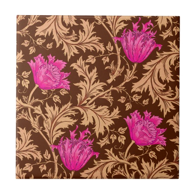 Morris Anemone Pattern Brown and Fuchsia Pink Tile (Front)