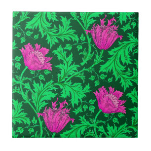 Morris Anemone Pattern, Emerald Green and Fuchsia Ceramic Tile