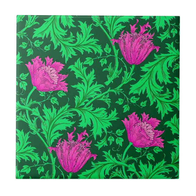 Morris Anemone Pattern, Emerald Green and Fuchsia Ceramic Tile (Front)