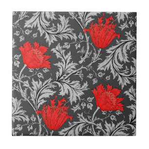 Morris Anemone Pattern, Grey / Grey and Red Ceramic Tile