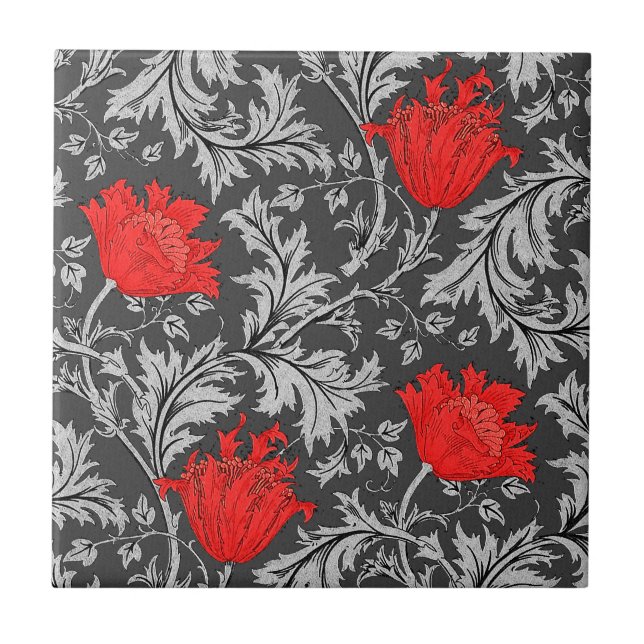 Morris Anemone Pattern, Grey / Grey and Red Ceramic Tile (Front)