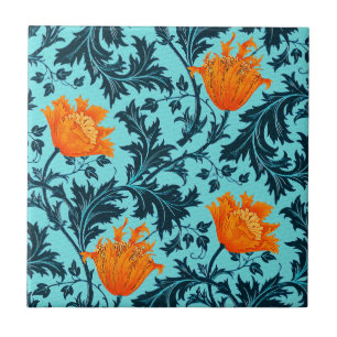 Morris Anemone Pattern, Indigo Blue and Coral Ceramic Tile