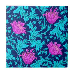 Morris Anemone Pattern, Navy, Turquoise & Magenta Ceramic Tile