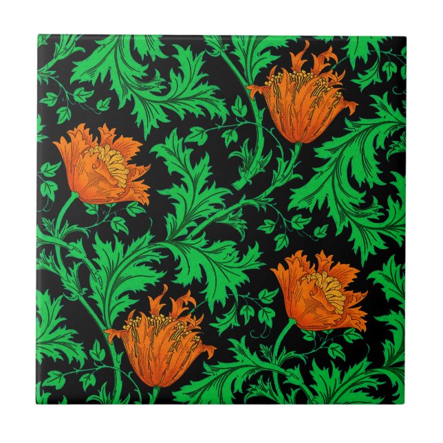 Morris Anemone Pattern, Orange, Green and Black Ceramic Tile (Front)