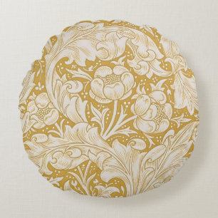 Morris Bachelor's Button Flower & Golden Stems Round Cushion