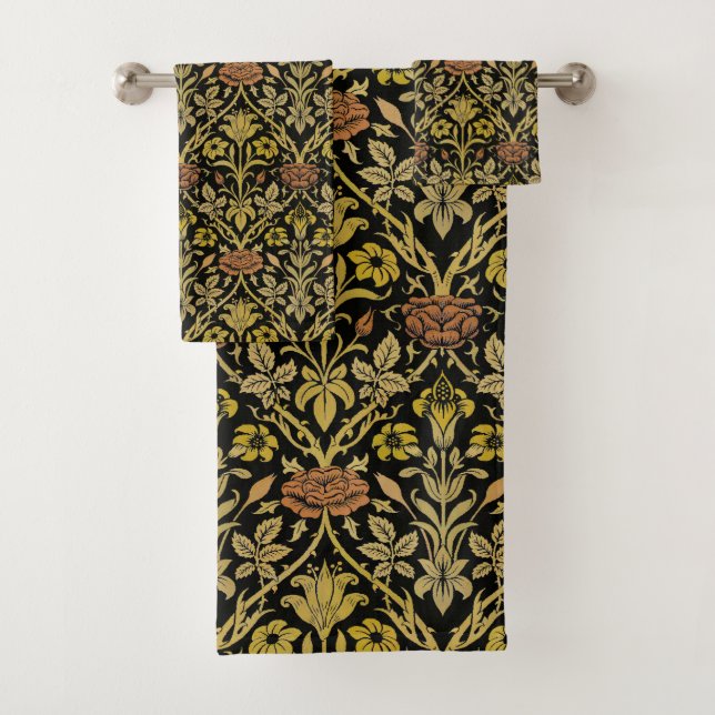 Morris Black Background Rose & Lily Flower Pattern Bath Towel Set (Insitu)