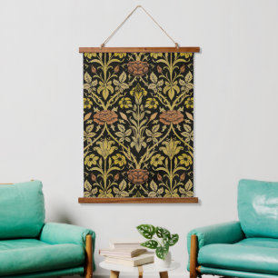 Morris Black Background Rose & Lily Flower Pattern Hanging Tapestry