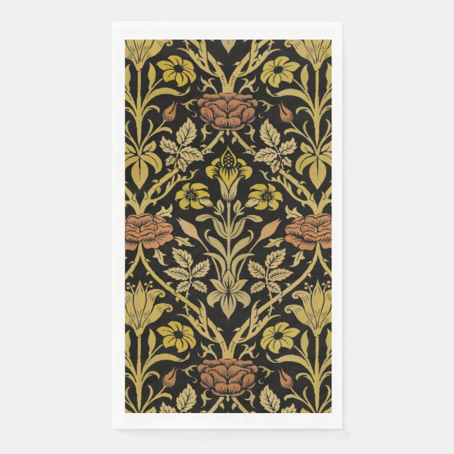 Morris Black Background Rose & Lily Flower Pattern Napkin (Front)