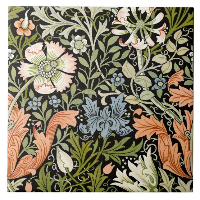 Morris BlackBackground 1896 Compton Floral Pattern Ceramic Tile (Front)
