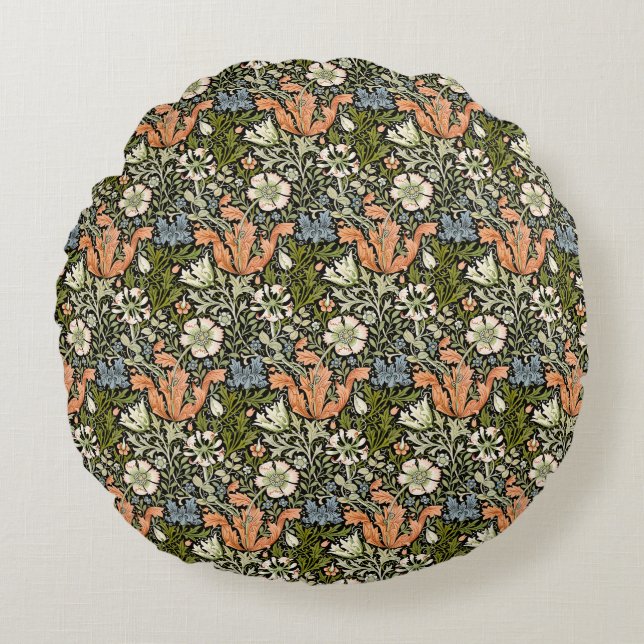 Morris BlackBackground 1896 Compton Floral Pattern Round Cushion (Front)