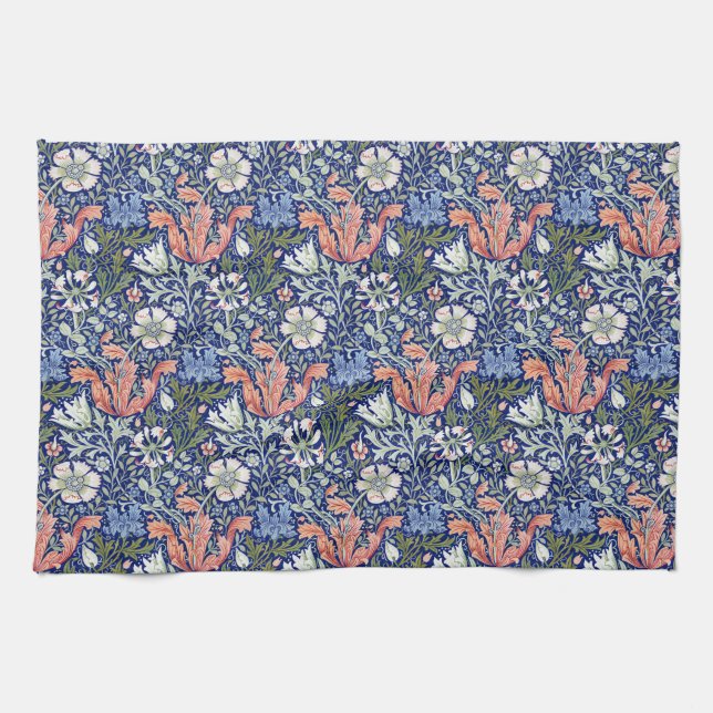 Morris Blue Background 1896 Compton Floral Pattern Tea Towel (Horizontal)