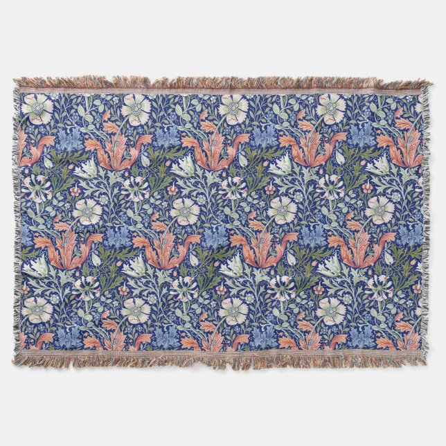 Morris Blue Background 1896 Compton Floral Pattern Throw Blanket (Front)