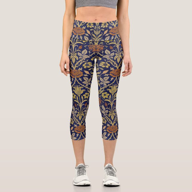 Morris Blue Background Rose & Lily Flower Pattern Capri Leggings (Front)
