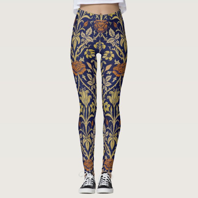 Morris Blue Background Rose & Lily Flower Pattern Leggings (Front)