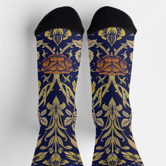 Morris Blue Background Rose & Lily Flower Pattern Socks (Top)