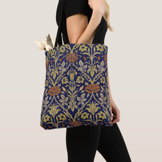 Morris Blue Background Rose & Lily Flower Pattern Tote Bag (Close Up)