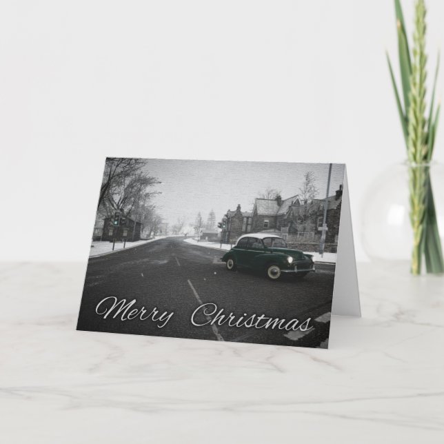 Morris Classic Car Christmas Card English Village (Front)