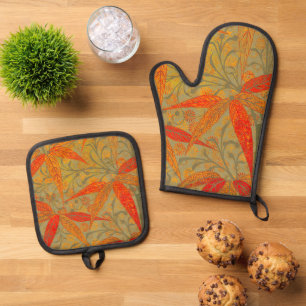 Morris & Co. Bamboo Pattern Godwin Orange & Sage Oven Mitt & Pot Holder Set