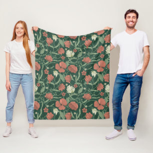 Morris Garden Green & Red Floral Bath Towel Set Fleece Blanket