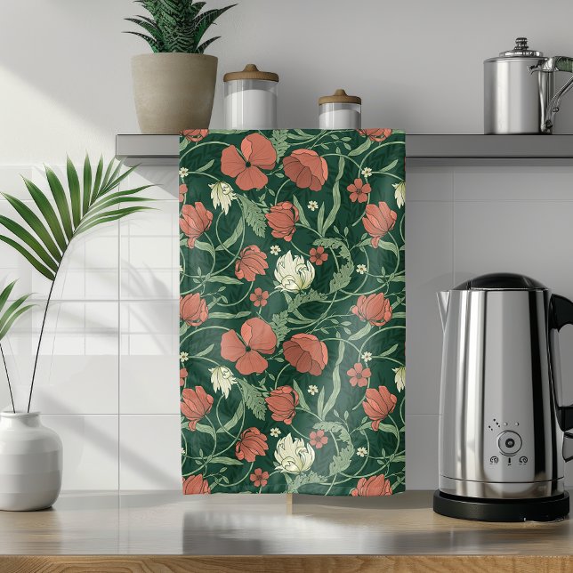 Morris Garden Green & Red Floral Tea Towel (Creator Uploaded)