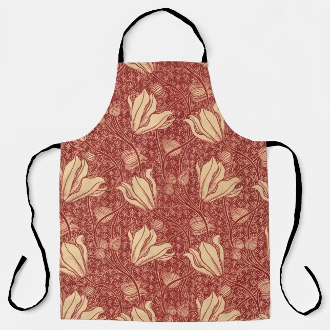 Morris Inspired Lily Flower Botanical Red Textile  Apron (Front)