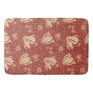 Morris Inspired Lily Flower Botanical Red Textile  Bath Mat