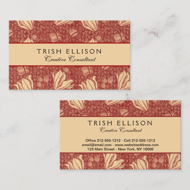 Morris Inspired Lily Flower Botanical Red Textile  Business Card (Front/Back)