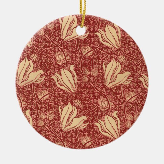 Morris Inspired Lily Flower Botanical Red Textile  Ceramic Ornament (Front)
