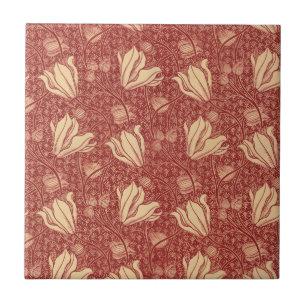 Morris Inspired Lily Flower Botanical Red Textile Ceramic Tile