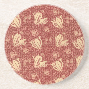 Morris Inspired Lily Flower Botanical Red Textile  Coaster